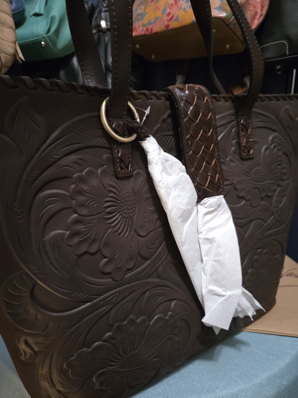 NWT. RARE. Patricia Nash Dark Brown Floral Embossed Tote with Braided Accent